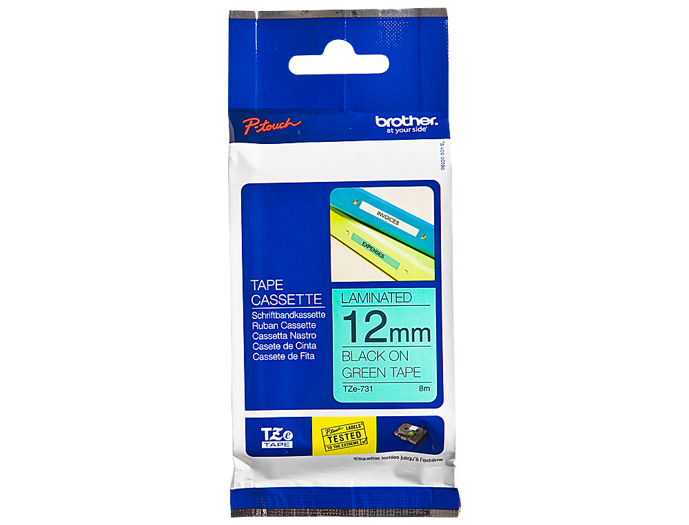RUBAN LAMIN TZE POUR TITREUSE BROTHER P-TOUCH TZE731 12MM COLORIS IMPRESSION NOIR/VERT