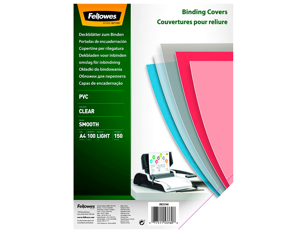 COUVERTURE FELLOWES PVC TRANSPARENT GRAMMAGE CONOMIQUE 15/100E FORMAT A4 PAQUET 100 UNITS