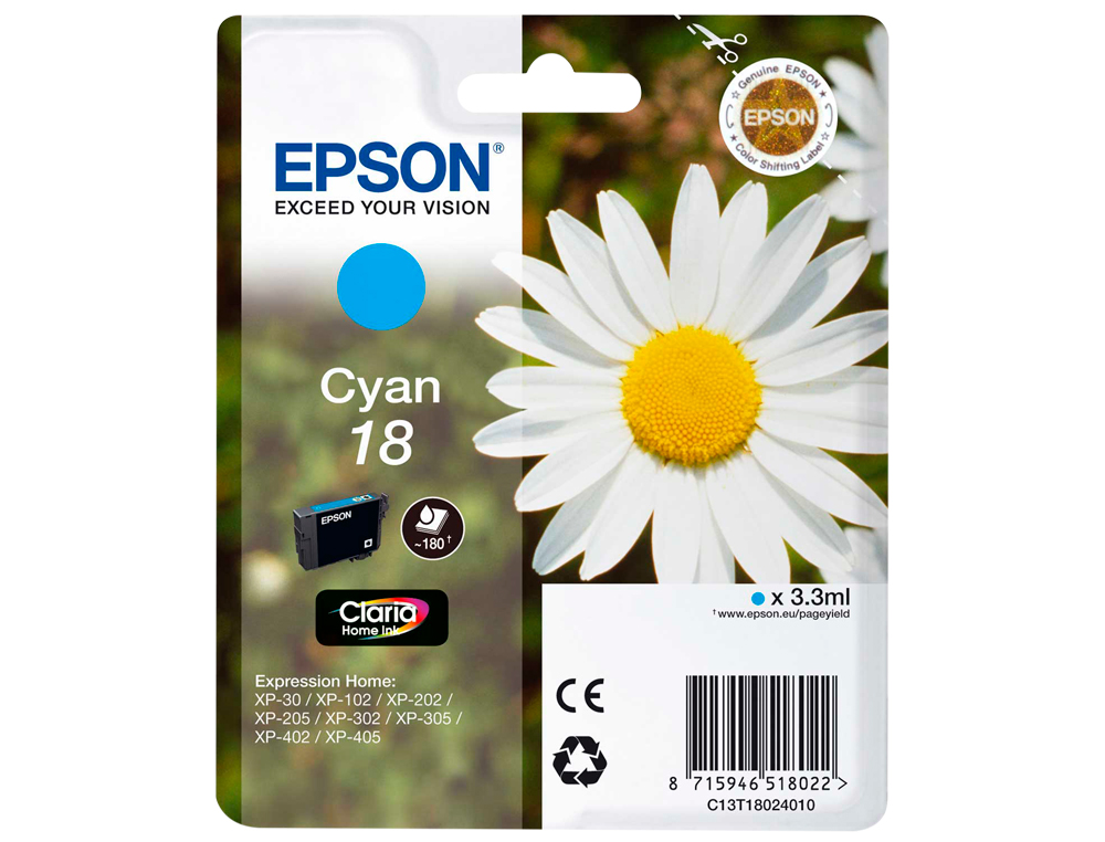 CARTOUCHE EPSON T1802 JET D'ENCRE C13T18024010 COULEUR CYAN 175P