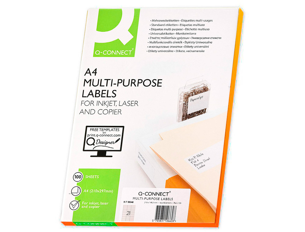 TIQUETTE ADHSIVE Q-CONNECT 70X42MM COINS DROITS IMPRIMANTE JET D'ENCRE LASER COPIEUR BOTE 100 FEUILLES 2100 UNITS