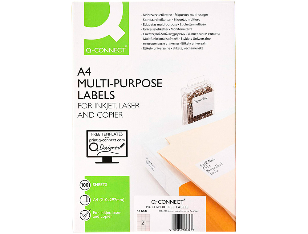 TIQUETTE ADHSIVE Q-CONNECT 70X42MM COINS DROITS IMPRIMANTE JET D'ENCRE LASER COPIEUR BOTE 100 FEUILLES 2100 UNITS