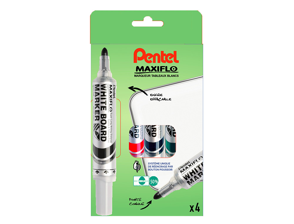 MARQUEUR PENTEL MAXIFLO EFFAABLE TABLEAU BLANC POINTE LARGE ENCRE LIQUIDE NIVEAU VISIBLE PACK 4 UNITS ASSORTIES