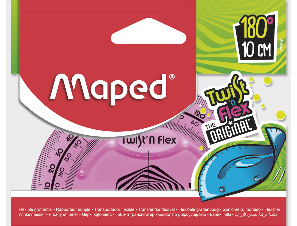 RAPPORTEUR MAPED TWIST'N'FLEX 180 DEGRS 10CM GRADU SOUPLE INCASSABLE LUDIQUE 3 COLORIS ASSORTIS BLEU VERT ROSE