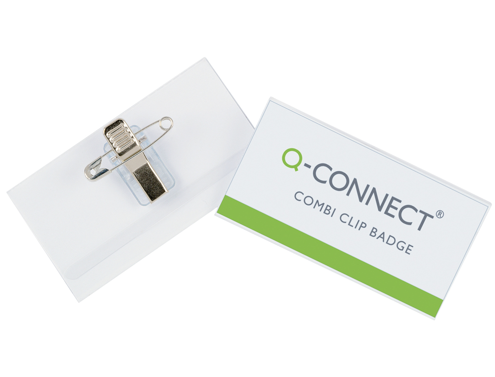 BADGE Q-CONNECT COMBI PINCES/ PINGLES CARTE VISITE PVC RIGIDE TRANSPARENT 40X75MM BOTE 50 UNITS