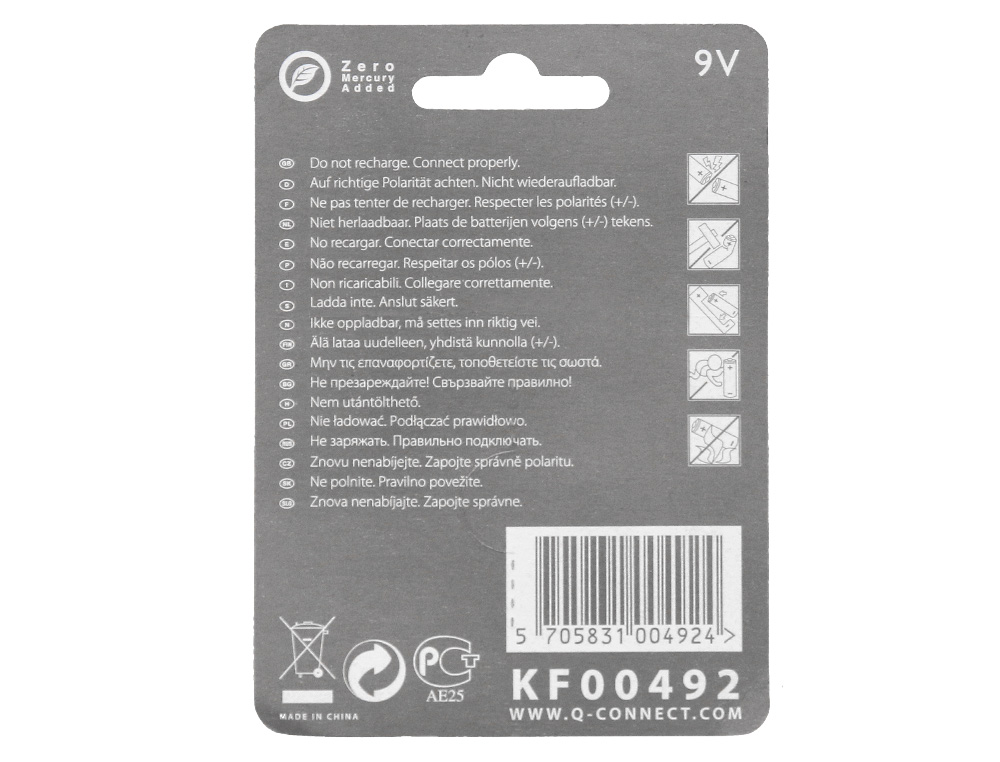 PILE Q-CONNECT CONOMIQUE CAPACIT 9V I.C.E. 6LR61 TAILLE 9 V BLISTER 1 UNIT