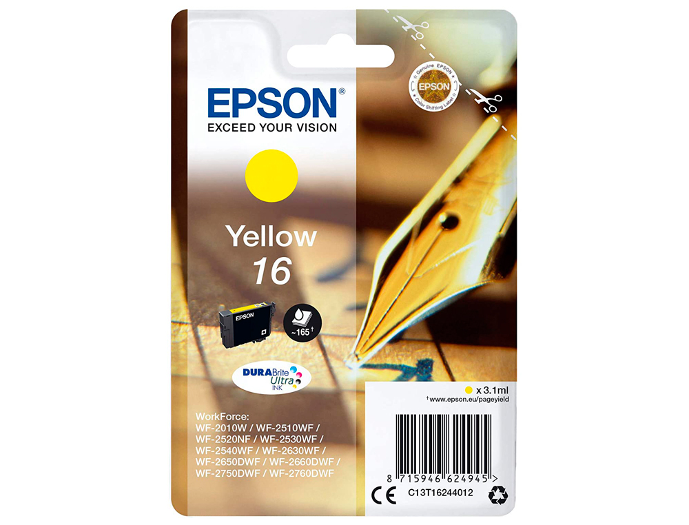 CARTOUCHE EPSON T1624 JET D'ENCRE C13T16244010 COULEUR JAUNE 165P