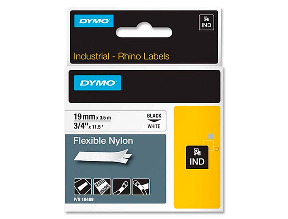 RUBAN TITREUSE DYMO INDUSTRIEL RHINO SUPPORT NYLON FLEXIBLE 19MMX3.5M COLORIS IMPRESSION NOIR/BLANC
