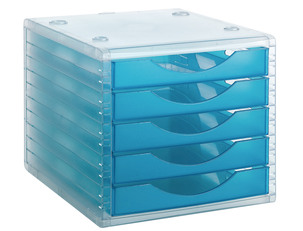 MODULE CLASSEMENT Q-CONNECT 5 TIROIRS OUVERTS BASE 340X270X260MM BUTE SCURIT COLORIS BLEU TRANSLUCIDE