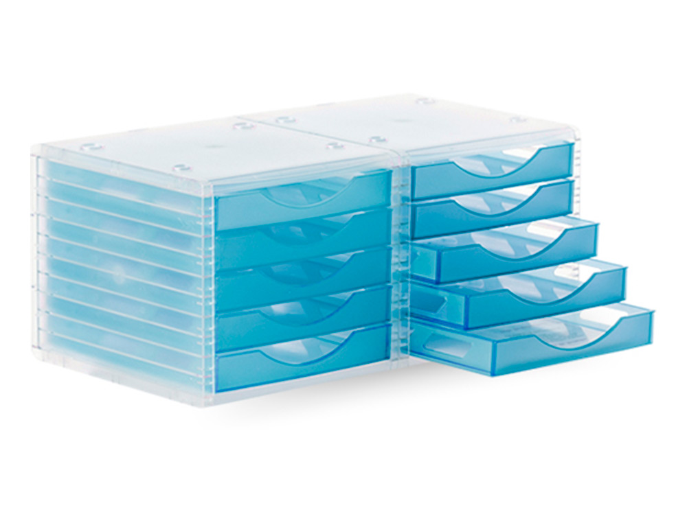 MODULE CLASSEMENT Q-CONNECT 5 TIROIRS OUVERTS BASE 340X270X260MM BUTE SCURIT COLORIS BLEU TRANSLUCIDE