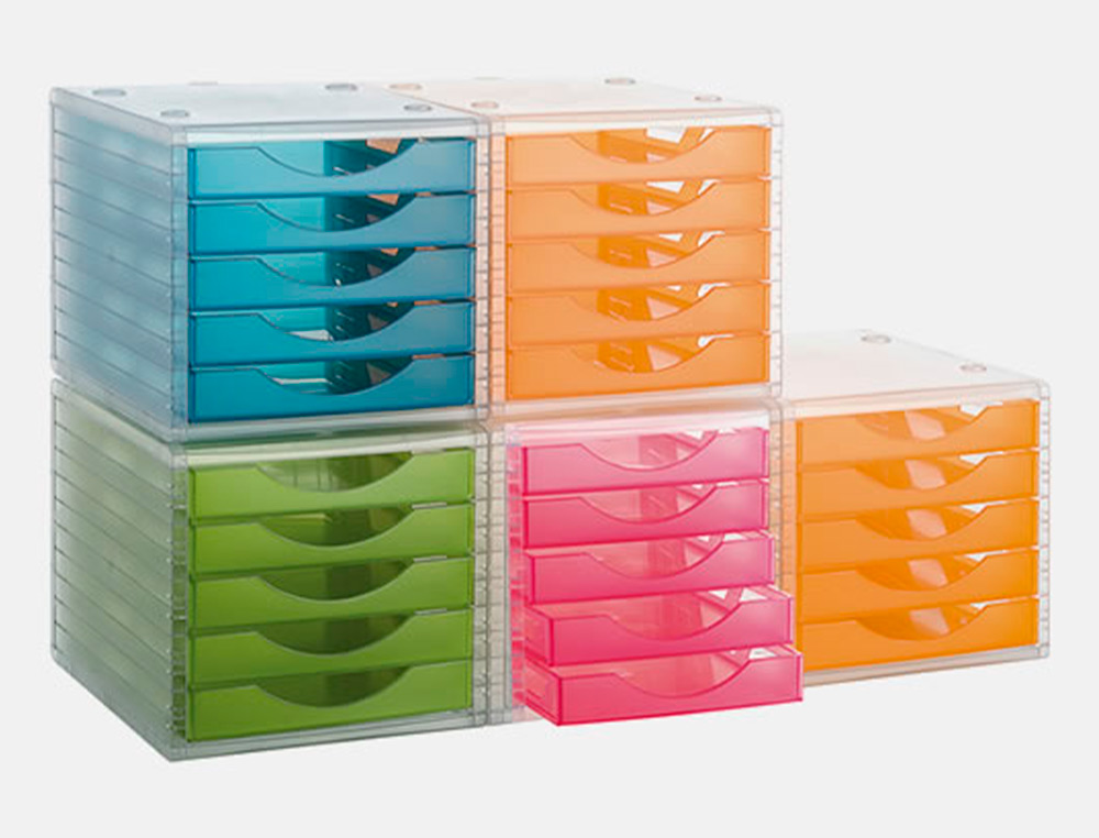 MODULE CLASSEMENT Q-CONNECT 5 TIROIRS OUVERTS BASE 340X270X260MM BUTE SCURIT COLORIS BLEU TRANSLUCIDE