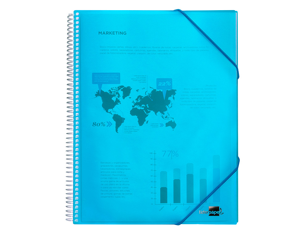 PROTÈGE-DOCUMENTS LIDERPAPEL POLYPROPYLÈNE COUVERTURE RIGIDE SPIRALE 80 POCHETTES FIXES A4 210X297MM COLORIS BLEU