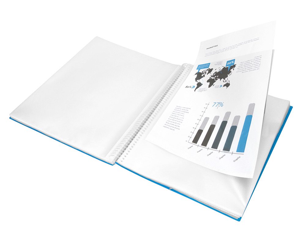 PROTÈGE-DOCUMENTS LIDERPAPEL POLYPROPYLÈNE COUVERTURE RIGIDE SPIRALE 80 POCHETTES FIXES A4 210X297MM COLORIS BLEU