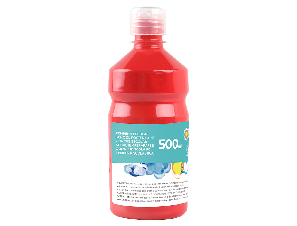 GOUACHE SCOLAIRE LIDERPAPEL LIQUIDE LAVABLE FERMETURE SCURIT BRILLANTE COLORIS ROUGE FLACON 500ML