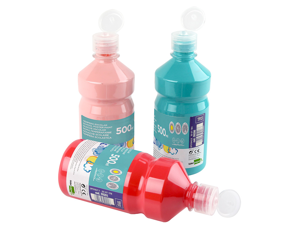GOUACHE SCOLAIRE LIDERPAPEL LIQUIDE LAVABLE FERMETURE SCURIT BRILLANTE COLORIS ROUGE FLACON 500ML