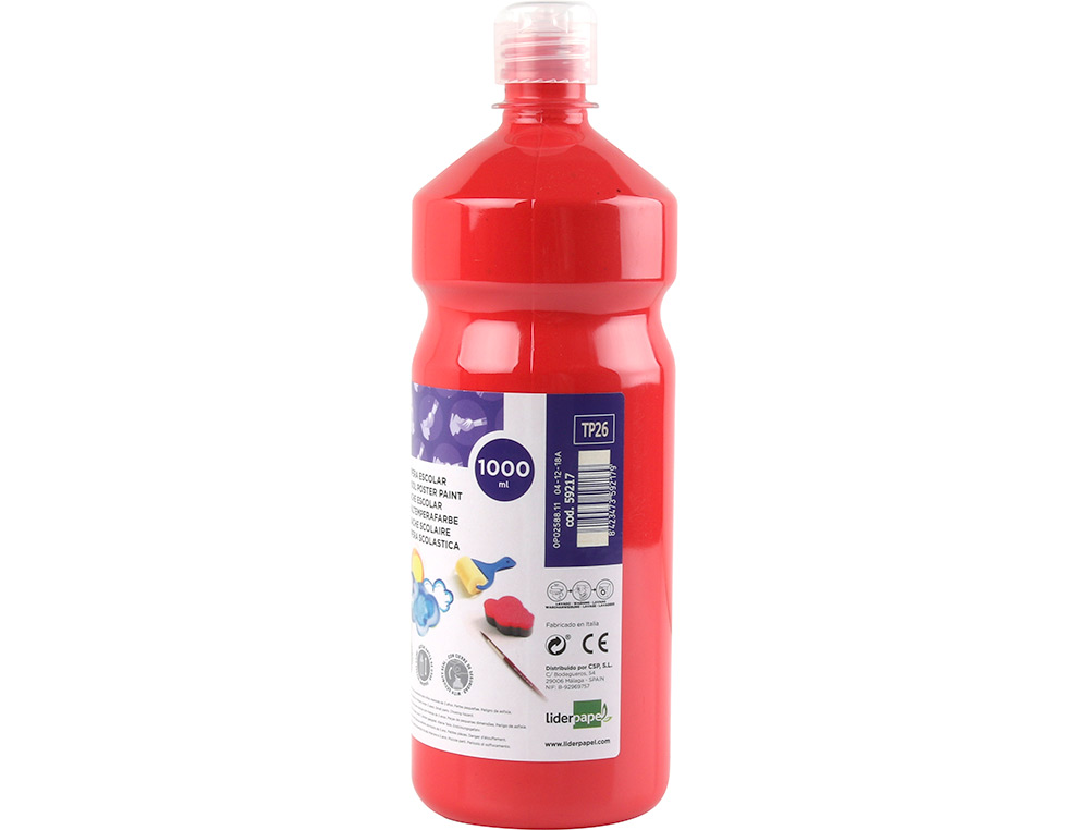 GOUACHE SCOLAIRE LIDERPAPEL LIQUIDE LAVABLE FERMETURE SCURIT BRILLANTE COLORIS ROUGE FLACON 1000ML