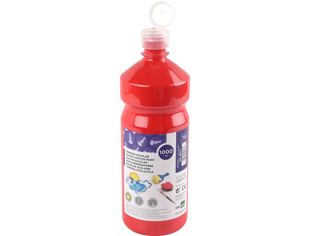 GOUACHE SCOLAIRE LIDERPAPEL LIQUIDE LAVABLE FERMETURE SCURIT BRILLANTE COLORIS ROUGE FLACON 1000ML