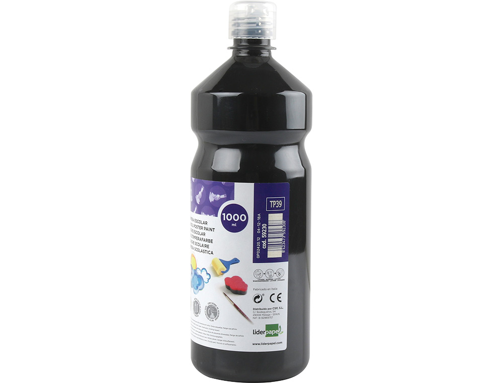 GOUACHE SCOLAIRE LIDERPAPEL LIQUIDE LAVABLE FERMETURE SCURIT BRILLANTE COLORIS NOIR FLACON 1000ML