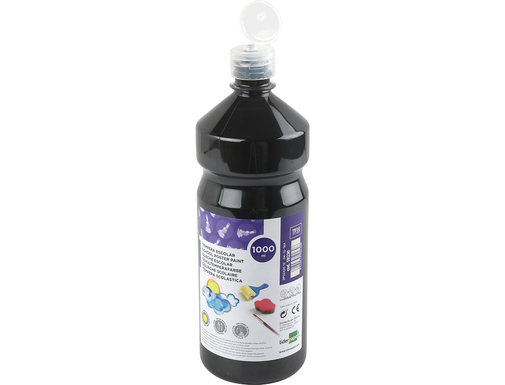 GOUACHE SCOLAIRE LIDERPAPEL LIQUIDE LAVABLE FERMETURE SCURIT BRILLANTE COLORIS NOIR FLACON 1000ML