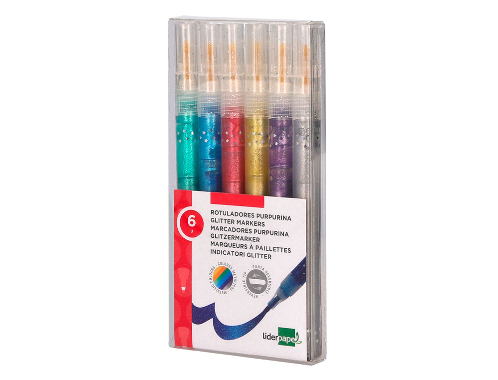 FEUTRE LIDERPAPEL ENCRE METALLISEE PAILLETEE DOUBLE POINTE ETUI DE 6U ASSORTIES