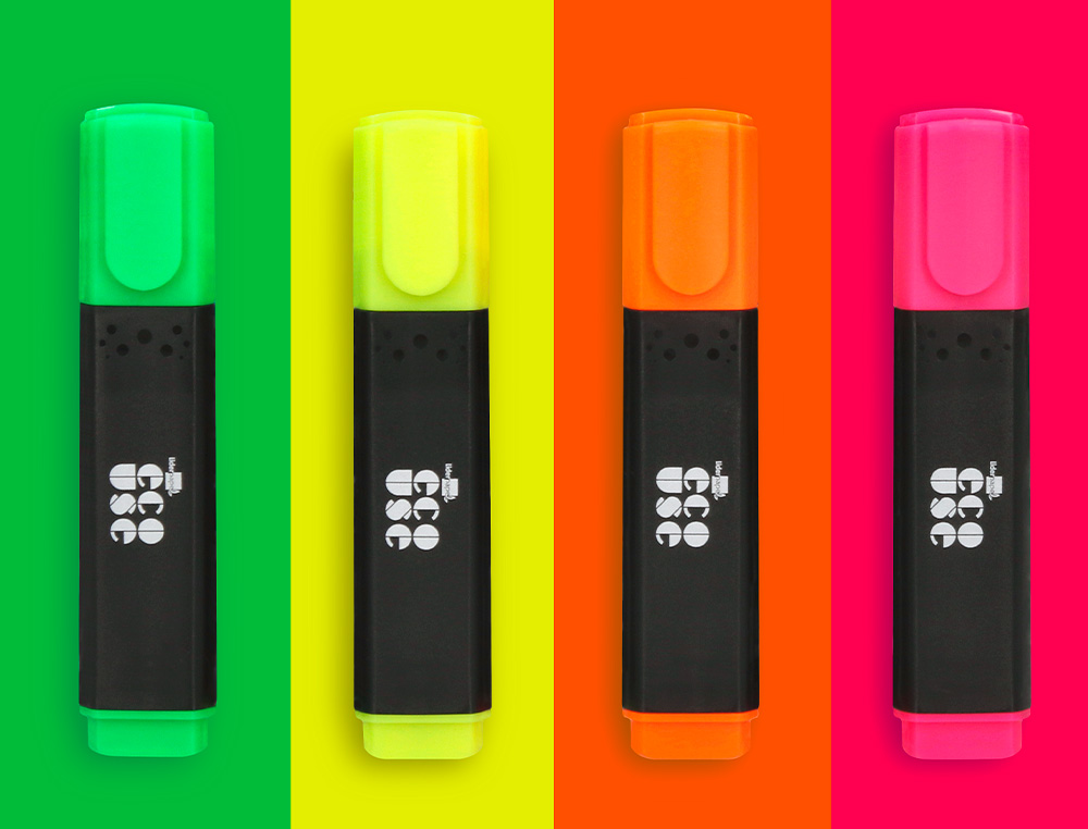 SURLIGNEUR LIDERPAPEL ECOUSE FLUORESCENT FABRIQUE 68%      PLASTIQUE RECYCLE BOITE DE 4  UN COLORIS ASSORTIS