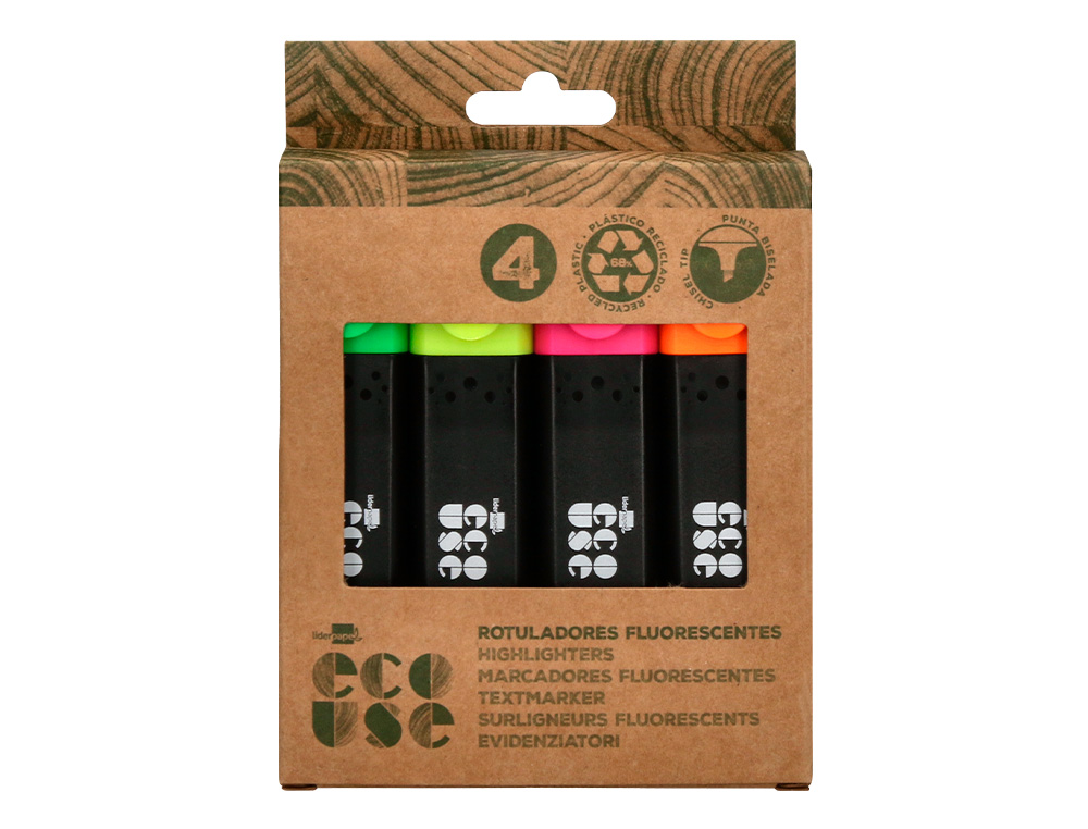 SURLIGNEUR LIDERPAPEL ECOUSE FLUORESCENT FABRIQUE 68%      PLASTIQUE RECYCLE BOITE DE 4  UN COLORIS ASSORTIS