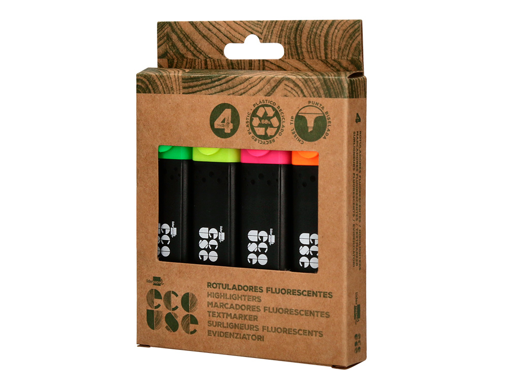 SURLIGNEUR LIDERPAPEL ECOUSE FLUORESCENT FABRIQUE 68%      PLASTIQUE RECYCLE BOITE DE 4  UN COLORIS ASSORTIS