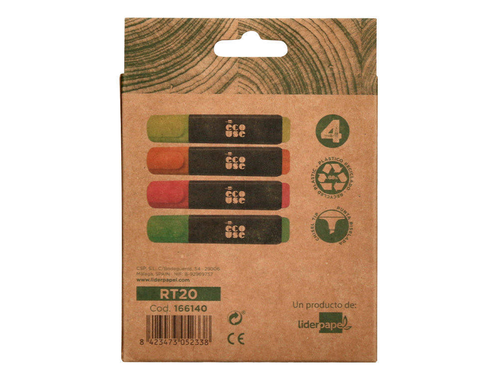 SURLIGNEUR LIDERPAPEL ECOUSE FLUORESCENT FABRIQUE 68%      PLASTIQUE RECYCLE BOITE DE 4  UN COLORIS ASSORTIS