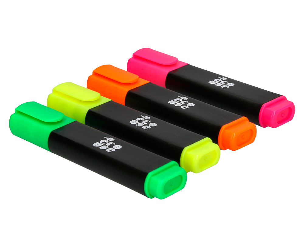 SURLIGNEUR LIDERPAPEL ECOUSE FLUORESCENT FABRIQUE 68%      PLASTIQUE RECYCLE BOITE DE 4  UN COLORIS ASSORTIS