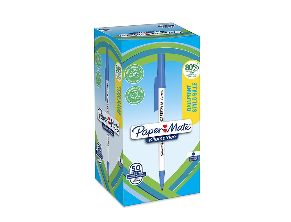 STYLO-BILLE PAPER MATE KILOMETRICO CAPUCHON POINTE   MOYENNE 1MM ENCRE BLEUE ULTRA DOUCE BOITE 50 UNITES