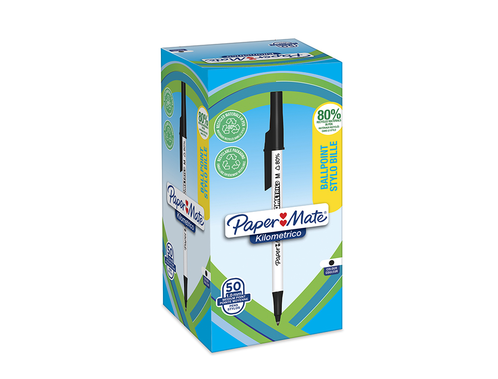 STYLO-BILLE PAPER MATE KILOMETRICO CAPUCHON POINTE MOYENNE 1MM ENCRE NOIRE ULTRA DOUCE BOITE 50 UNITES