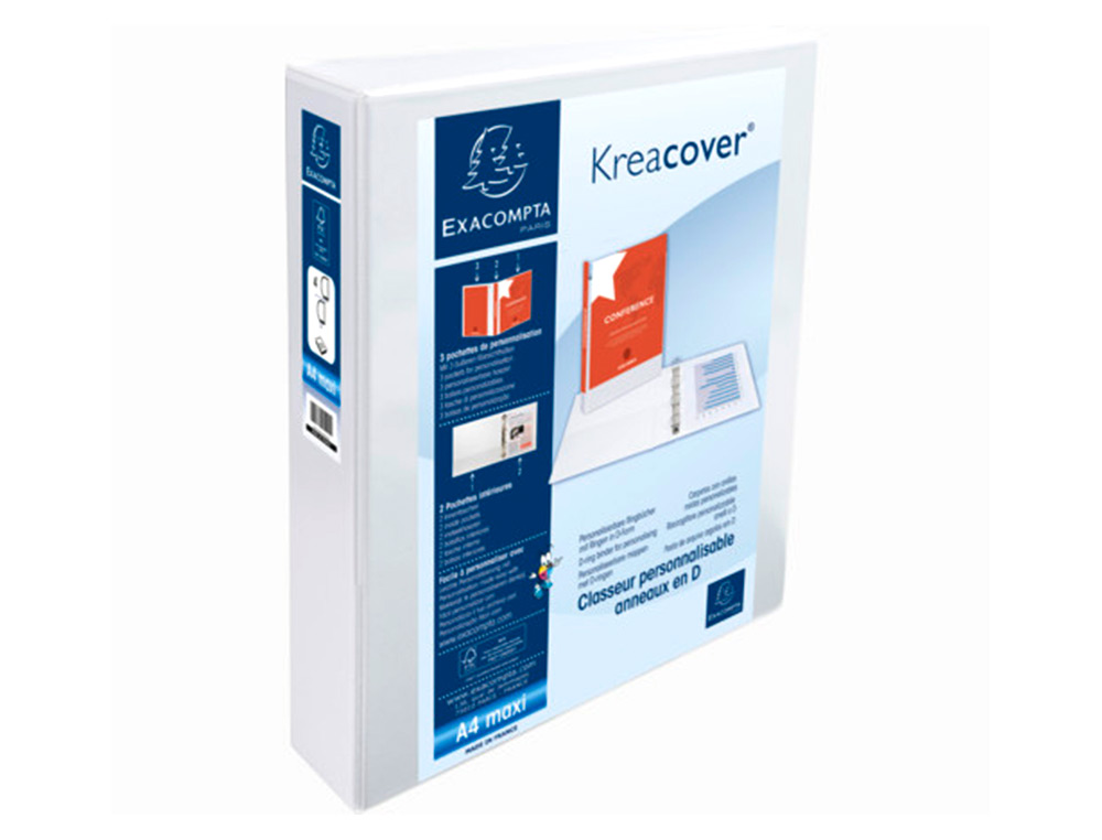 CLASSEUR EXACOMPTA KREACOVER 4 ANNEAUX 40MM A4+ CARTON RECOUVERT POLYPROPYLNE DOS 64MM PERSONNALISABLE BLANC