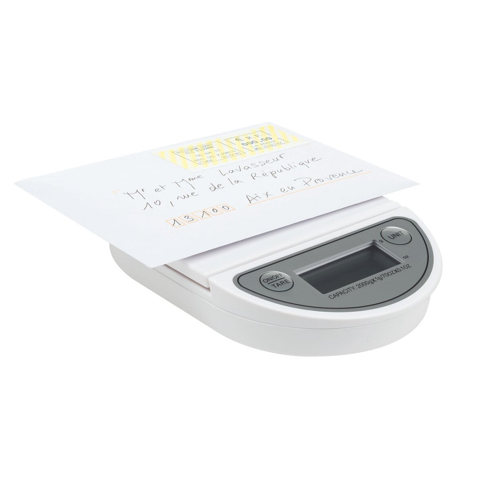 PÈSE-LETTRES MAULOVAL ÉLECTRONIQUE À PILE 2KG PILE CR2032 FOURNIE DIAMÈTRE PLATEAU 120MM DIMENSIONS 180X120X30MM BLANC