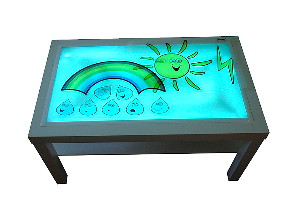TABLE ÉCLAIRAGE EN BOIS DE HÊTRE SUPERFICIE MÉTHACRYLATE BLANC ET LUMIÈ’RES LED 90X55X45CM