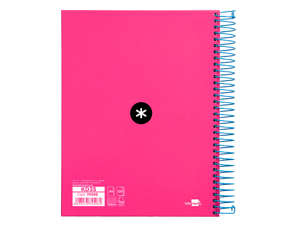 CAHIER SPIRALE ANTARTIK A5 240P 90G COUVERTURE REMBORDEE QUADRILLAGE 5MM 6 TROUS       COIL-LOCK COLORIS ROSE FLUO
