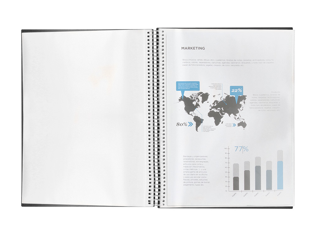 PROTGE-DOCUMENTS LIDERPAPEL POLYPROPYLNE COUVERTURE RIGIDE SPIRALE 50 POCHETTES FIXES A4 210X297MM COLORIS NOIR