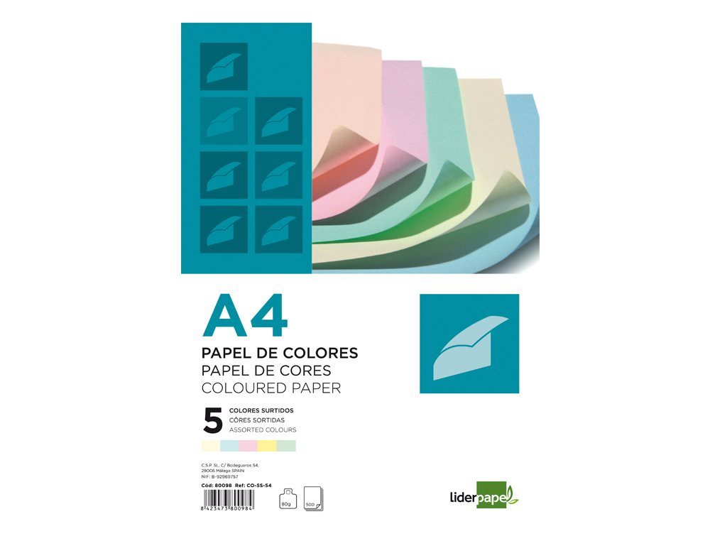 PAPIER COULEUR LIDERPAPEL MULTIFONCTION A4 80G/M2 5 COLORIS ASSORTIS JAUNE BLEU CRÈME ROSE VERT 500 FEUILLES