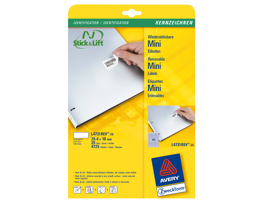 TIQUETTE ADHSIVE AVERY PAPIER BLANC CERTIFI FSC RECYCLABLE ENLEVABLE TOUTE IMPRIMANTE 10X25,4MM 4725 UNITS