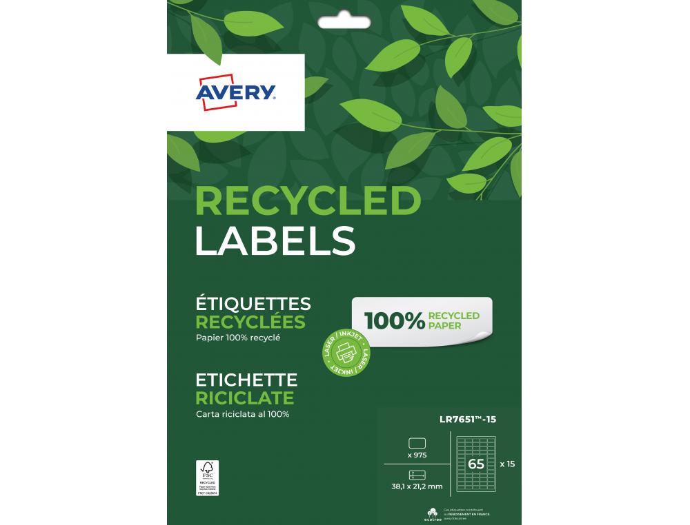 ETIQ.LAS.RECY 38.1X21.2 15F975ETIQUETTE RECYCLEE - AVERY - IMPRESSION LASER - 38.1X21.2MM - 15 FEUILLES