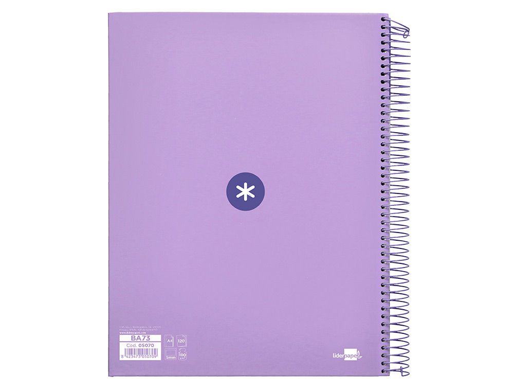 CAHIER SPIRALE ANTARTIK A4 240P 90G REMBORDE QUADRILLAGE 5MM MICROPERFORE 5 BANDES 4   TROUS COLORIS LAVANDE