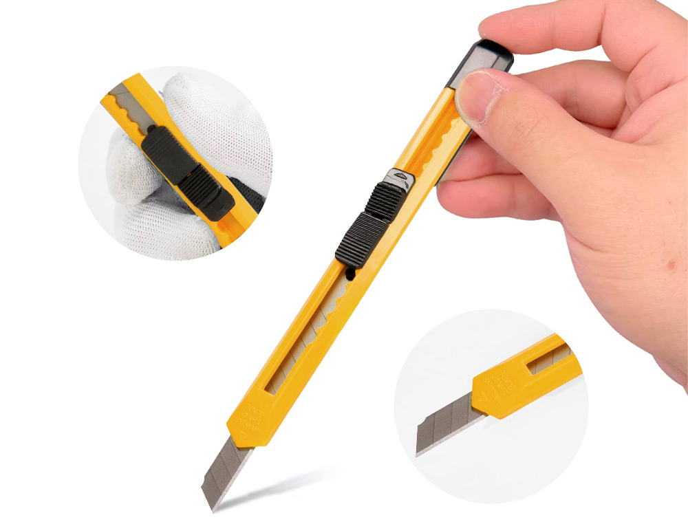 CUTTER XD-04 Q-CONNECT LAME RETRACTABLE INTERCHANGEABLE EN ACIER 9MM PREDECOUPEE FREIN DE SECURITE CURSEUR AUTOBLOQUANT