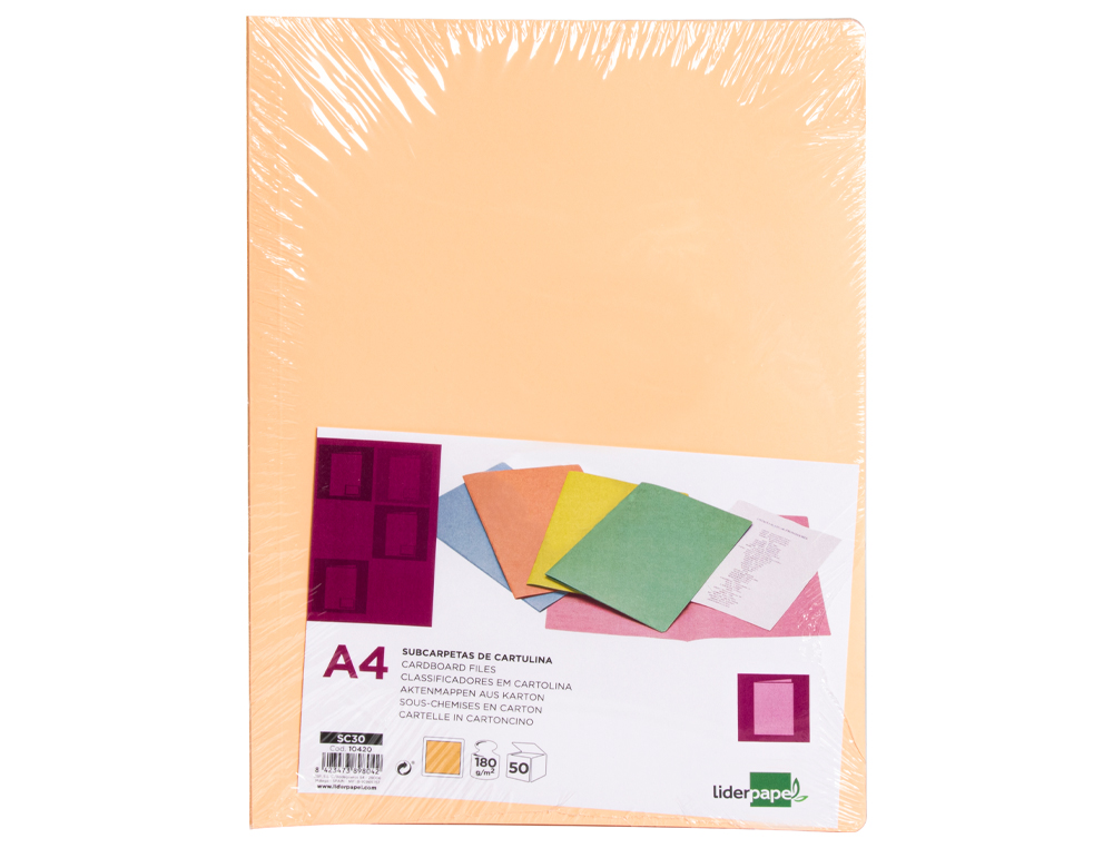 SOUS-CHEMISE LIDERPAPEL PAPIER CARTONNE 180G/M2       310X230MM DOCUMENT A4 COLORIS ORANGE PASTEL