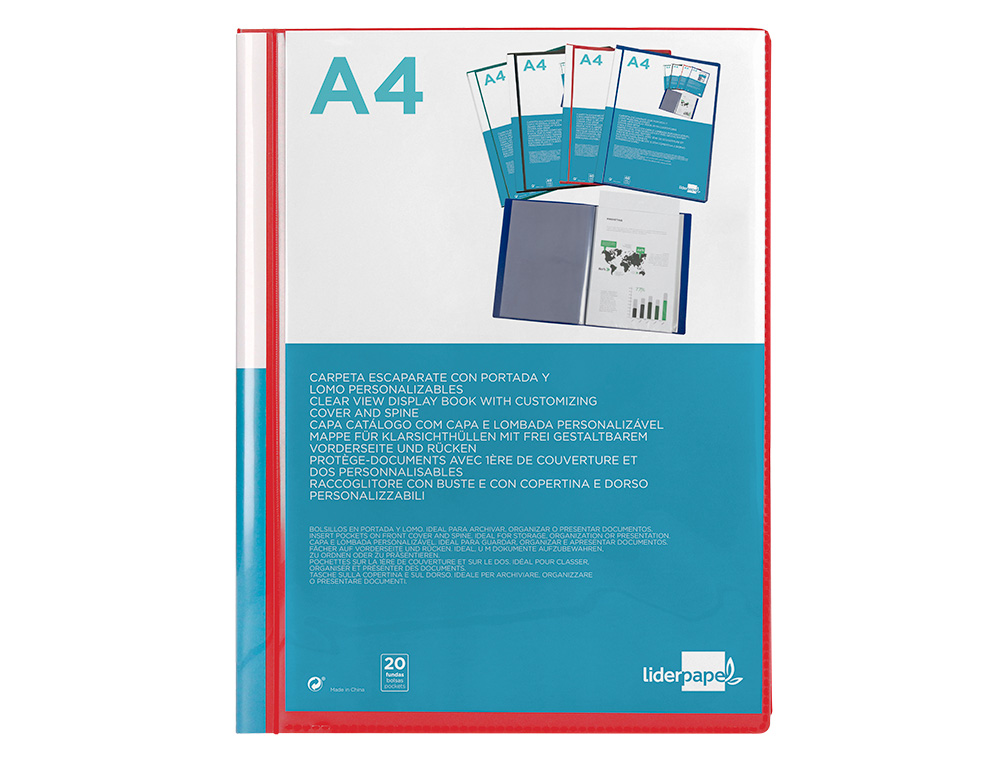 PROTEGE-DOCS LIDERPAPEL KANGOUROU PERSONNALISABLE     POLYPRO 20 POCHETTES FIXES A4 210X297MM ROUGE TRANSLUCIDE