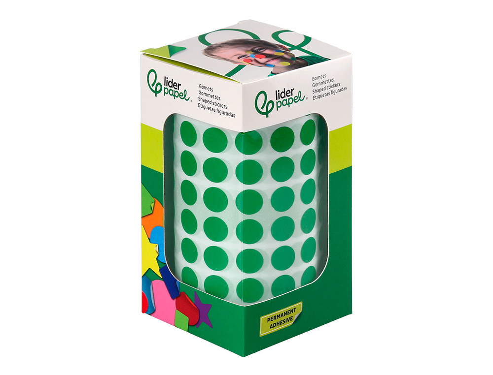 PASTILLE ADHESIVE LIDERPAPEL DIAMETRE 10,5MM COLORIS VERT  ROULEAU 6000 UNITES BOITE     CARTON