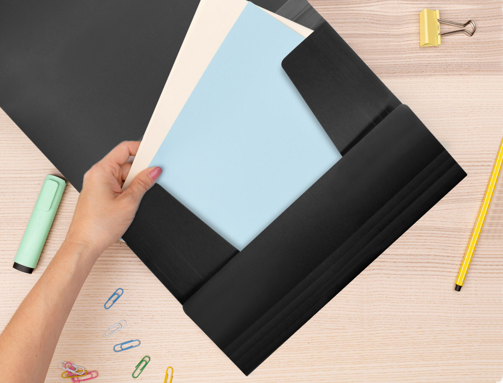 CHEMISE LIDERPAPEL POLYPROPYLNE DOS FLEXIBLE A4 210X297MM 4/10E 3 RABATS LASTIQUE 100F COLORIS NOIR OPAQUE