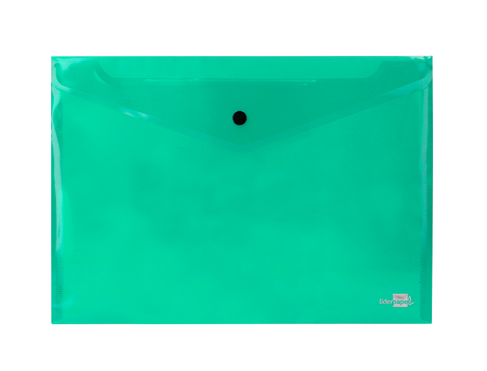 POCHETTE ENVELOPPE LIDERPAPEL POLYPROPYLNE 180 MICRONS A4 297X210MM 50F FERMETURE BOUTON RSISTANT TRANSPARENT VERT