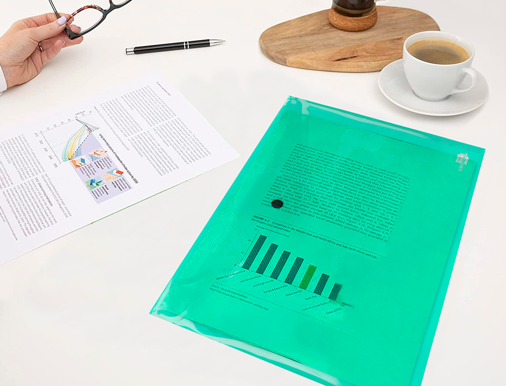 POCHETTE ENVELOPPE LIDERPAPEL POLYPROPYLNE 180 MICRONS A4 297X210MM 50F FERMETURE BOUTON RSISTANT TRANSPARENT VERT