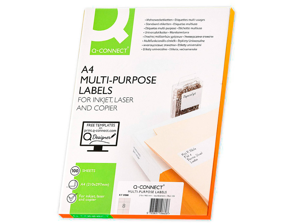 TIQUETTE ADHSIVE Q-CONNECT 99.1X67.7MM COINS ARRONDIS IMPRIMANTE JET ENCRE LASER COPIEUR BOTE 100 FEUILLES 800 UNITS
