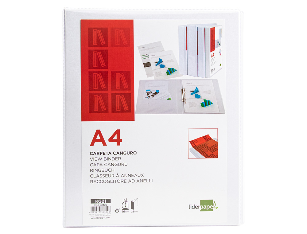 CLASSEUR KANGOUROU LIDERPAPEL 2 ANNEAUX 16MM 283X320MM DOCUMENT A4 PLASTIQUE DOS 28MM COLORIS BLANC