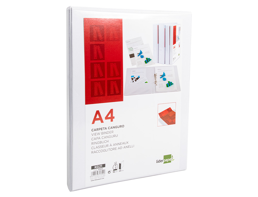 CLASSEUR KANGOUROU LIDERPAPEL 2 ANNEAUX 16MM 283X320MM DOCUMENT A4 PLASTIQUE DOS 28MM COLORIS BLANC
