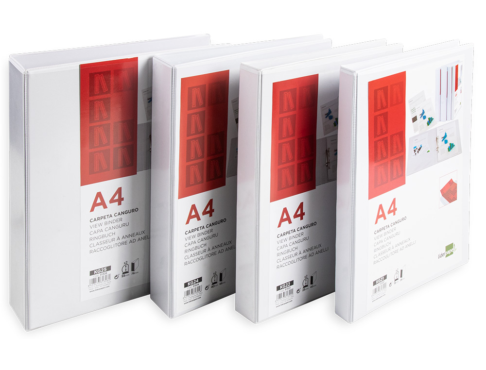 CLASSEUR KANGOUROU LIDERPAPEL 4 ANNEAUX 40MM 283X320MM DOCUMENT A4 PLASTIQUE DOS 68MM COLORIS BLANC